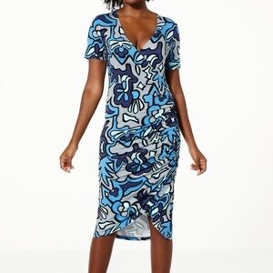 Colleen Lopez Blue Black V Neck Bodycon Ruched Waist Midi Dress M